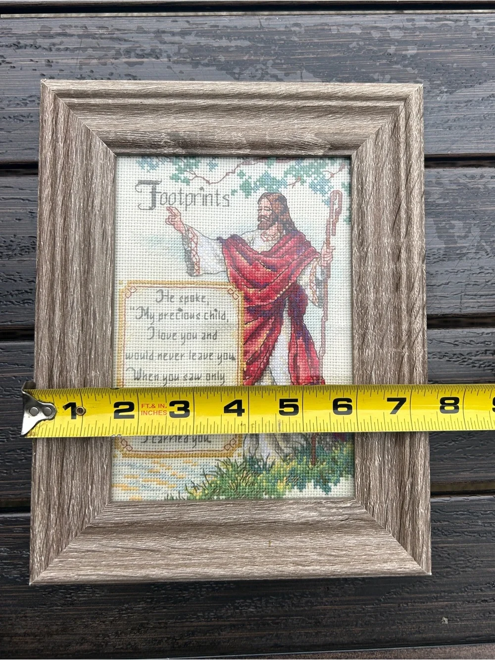 Framed 'Footprints' Cross-Stitch Wall Art in Red and Cream